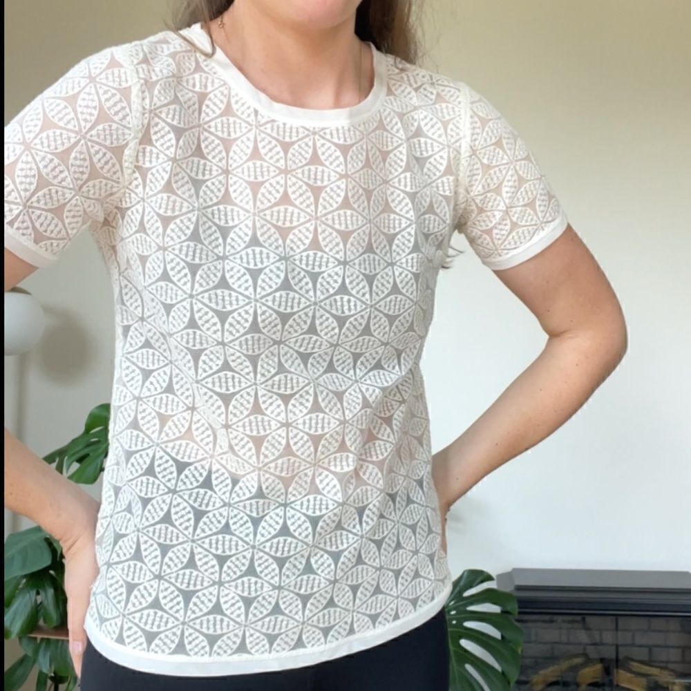 Ann Taylor Loft Women's Petite Medium Ivory Short Sleeve Sheer Embroidered Top S